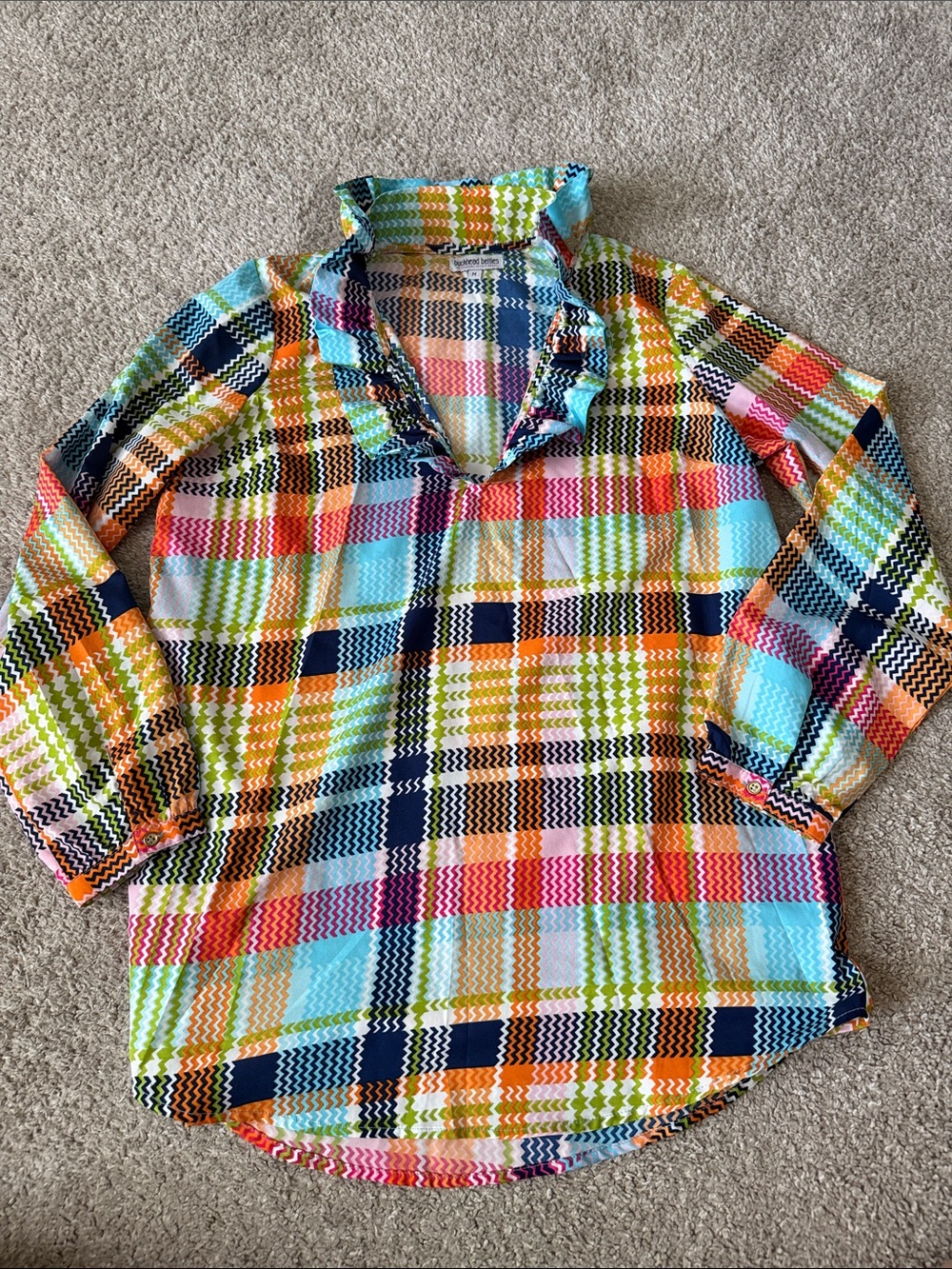 Multi-Color Plaid Ruffle Collar Top